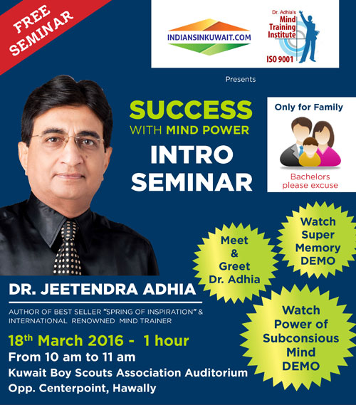 "Success with Mind Power" Free intro Seminar for families by Dr Jeetendra Adhia Tomorrow