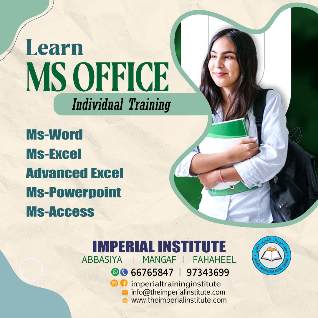 Class room training-Ms-office, Advanced Excel & Ms-Access courses (with certificate) available in Mangaf, Fahaheel  & Abbasiya. Call : 66765847