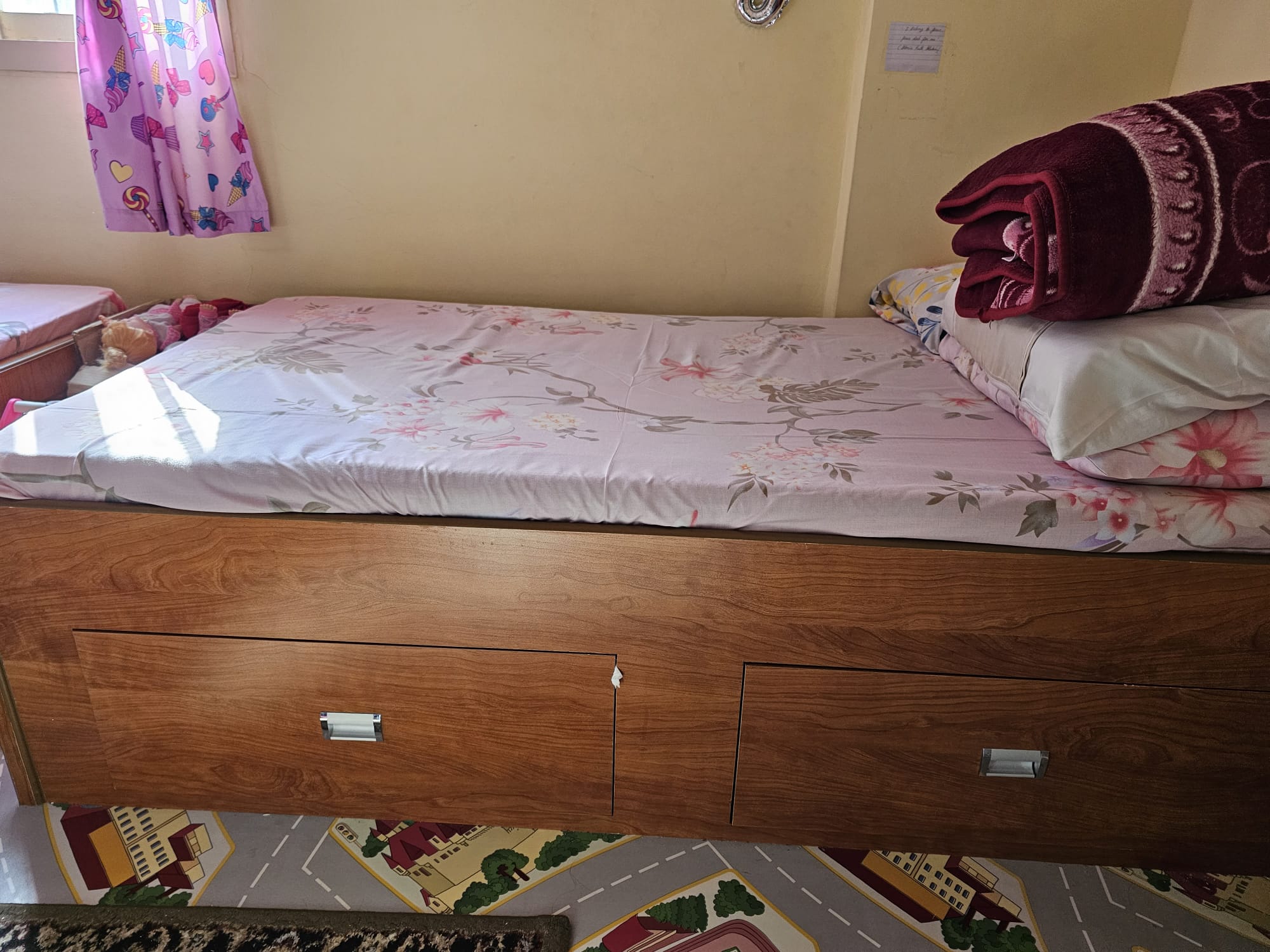 2 Wooden Single Beds with Spacious Drawers and Neat Mattresses