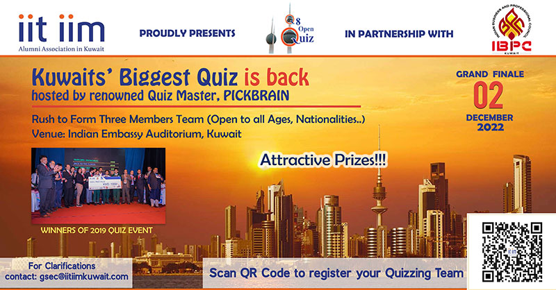 IIT-IIM Alumni Association conducting Q8 Open Quiz 2022 hosted by Mr.Pickbrain