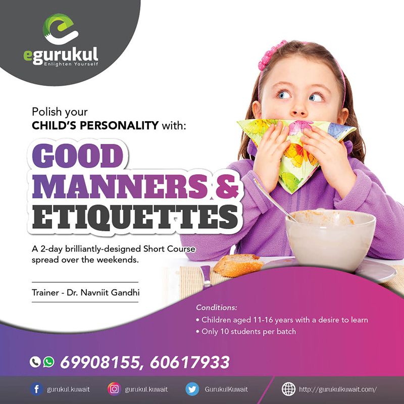 E-Gurukul presents a short course on Good Manners and Etiquettes for Kids
