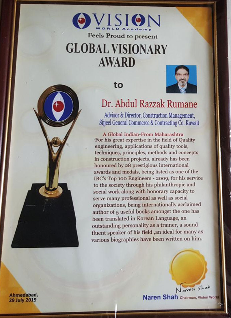 Dr. Rumane Honored with Global Visionary Award