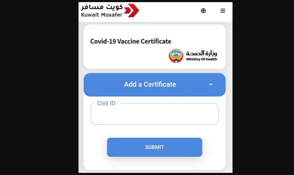 Add Covid Vaccine certificate in Kuwait Mosafer application